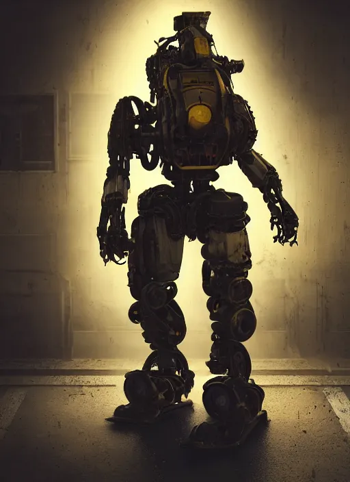 Image similar to a photorealistic dramatic hyperrealistic render of a futuristic exosuit power loader heavy machinery, ultra realistic details, glossy yellow, well worn, rust, oil stains by vitaly bulgarov and mike nash, beautiful dramatic dark moody tones and lighting, cinematic atmosphere, studio lighting, global illumination, shadows, dark background, octane render, 8 k