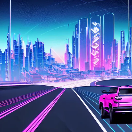 Prompt: epic professional digital art of photorealistic synthwave vw atlas driving through neon cyberpunk futuristic city towers, mountains in background, detailed, intricate, sporty mood, fun