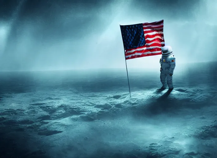 Image similar to astronaut holding a flag in an underwater desert. a submarine is visible in the distance. dark, concept art, cinematic, dramatic, atmospheric, 8 k, trending on artstation, blue, fish, low visibility, fog, ocean floor, christopher nolan, interstellar