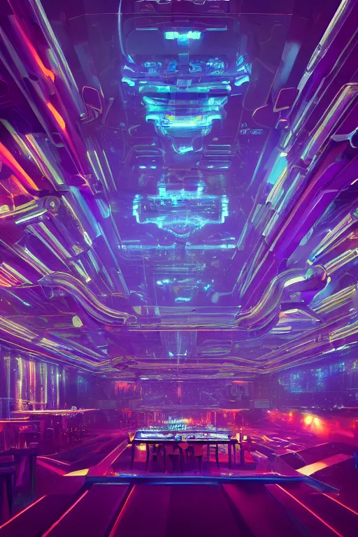 Image similar to a centered render of intricate modular synthesizer futuristic nightclub surrounded by ethereal lights and fractal geometry, cinematic, beautifully lit, by artgerm, by beeple, by karol bak, by donato giancola, by atelier olschinsky, 3 d, trending on artstation, octane render, 8 k