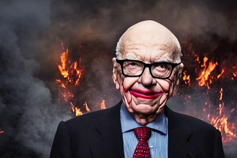 Prompt: Rupert Murdoch wearing glasses and makeup like The Joker, smiling, standing in hell surrounded by fire and flames and demons and smoke and brimstone, volumetric fog, portrait photography, depth of field, bokeh