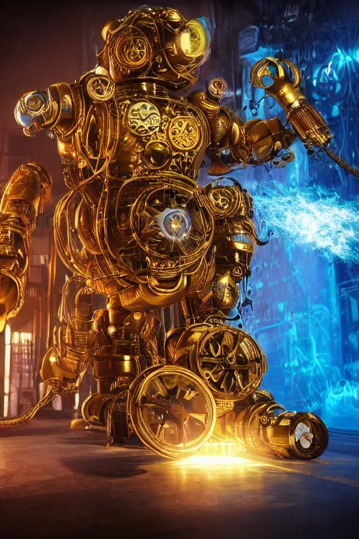 Prompt: portrait photo of a giant huge golden and blue metal steampunk robot with gears and tubes, robot is made of vaccuumcleaner, on the wet floor are mop and bucket, eyes are glowing red lightbulbs, shiny crisp finish, 3 d render, 8 k, insaneley detailed, fluorescent colors, background is multicolored lasershow