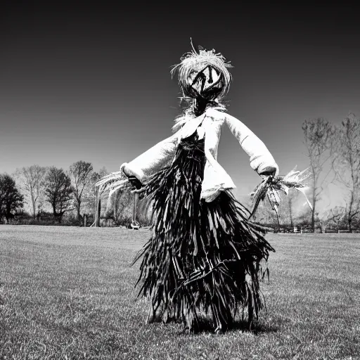 Prompt: a scarecrow doing a catwalk, famous, show, BW