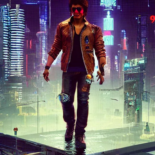 Image similar to full-frame of Shah Rukh Khan, wearing a brown leather-jacket, as a character from Cyberpunk 2077, looking at camera, intricate, sci-fi, extremely detailed, in the background cyperpunk-2077-city, concept art, artstation