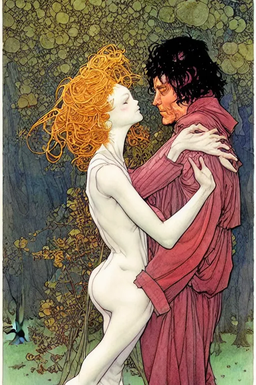 Image similar to a hyperrealist watercolour character concept art portrait of young lovers forgiveness. love. union. by rebecca guay, michael kaluta, charles vess and jean moebius giraud