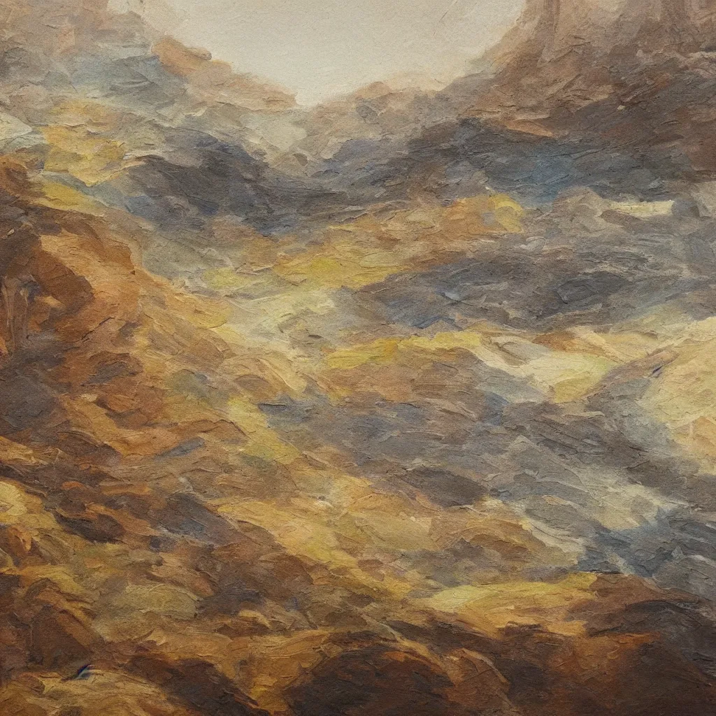 Prompt: abstract finger painting of a beautiful landscape. intricate painting of detailed multiple layers of rocky material. beautiful use of light and shadow to create a sense of depth. using architectural brushwork and a limited earthy color palette.