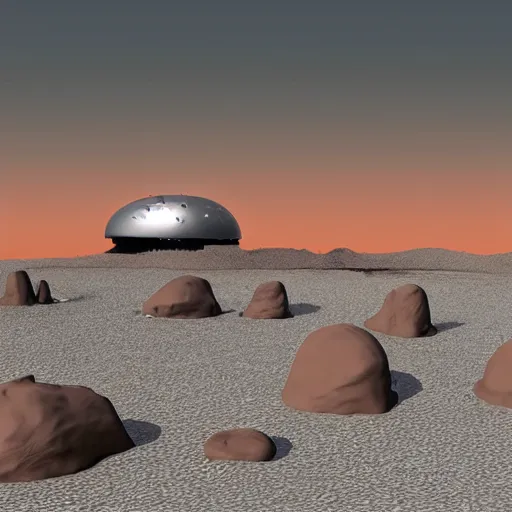 Image similar to crashed burning UFO flying saucer with a sad Roswell grey alien trying to repair his crashed burning spacecraft in the desert, crashed UFO, crashed Flying Saucer, cactus and rocks in the background, dusk, featured on zbrush central, hurufiyya, zbrush, polycount, airbrush art