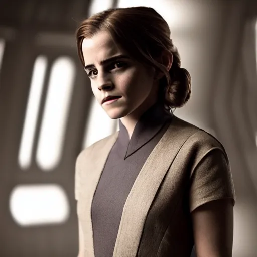 Image similar to Emma Watson in Star Wars, XF IQ4, 150MP, 50mm, f/1.4, ISO 200, 1/160s, natural light, Adobe Photoshop, Adobe Lightroom, DxO Photolab, polarizing filter, Sense of Depth, AI enhanced, HDR