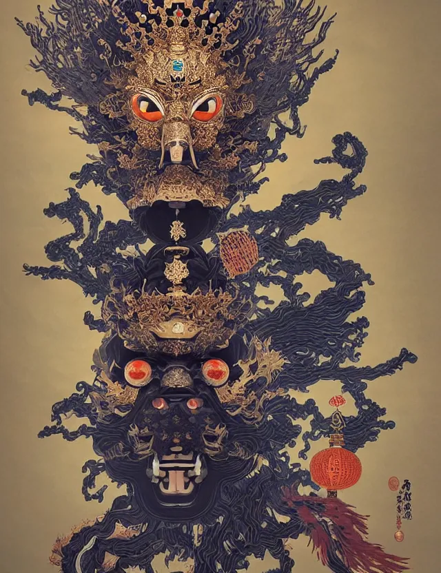 Image similar to the yey of god portrait with mask and crown made of ram skull. beautiful intricately detailed japanese crow kitsune mask and clasical japanese kimono. betta fish, jellyfish phoenix, bioluminescent, plasma, ice, water, wind, creature, super intricate ornaments artwork by tooth wu and wlop and beeple and greg rutkowski