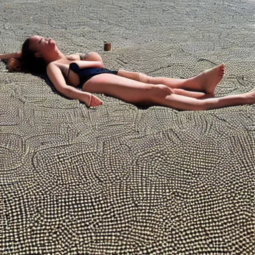 Prompt: young woman sunbathing on a beach made of thousands of nails, screws and other metal tools