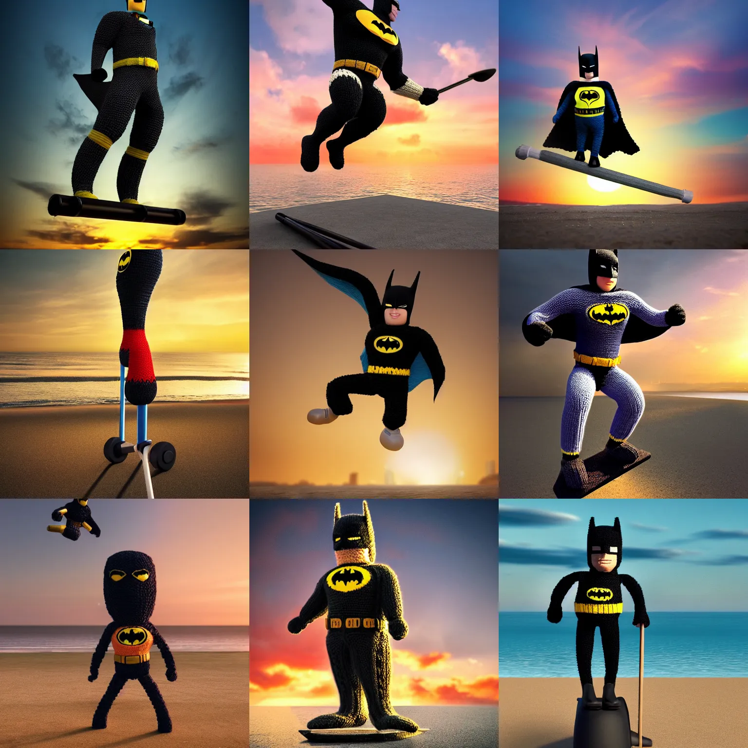 Prompt: a large knitted batman bouncing on a pogo stick during sunset at the beach Trending on artstation, featured on Behance, well-rendered, Unreal Engine, 4K HD