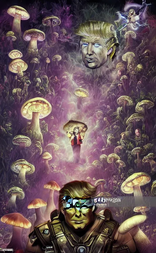 Image similar to donald trump stars in the sky fairies with detailed faces enchanted forest mushrooms on the ground psychedelic wide angle shot white background vector art illustration gears of war by frank frazetta