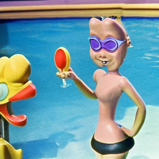 Image similar to a female anthropomorphic nostril in a swimming pool, children's television show, 1974, technicolor