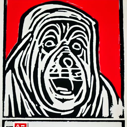 Image similar to three colour lino cut of ALF frozen in Carbonite