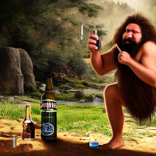 Image similar to photo of ancient caveman shotgunning a single beer can, full body, high detail, ultra realistic, 4k UHD, pristine