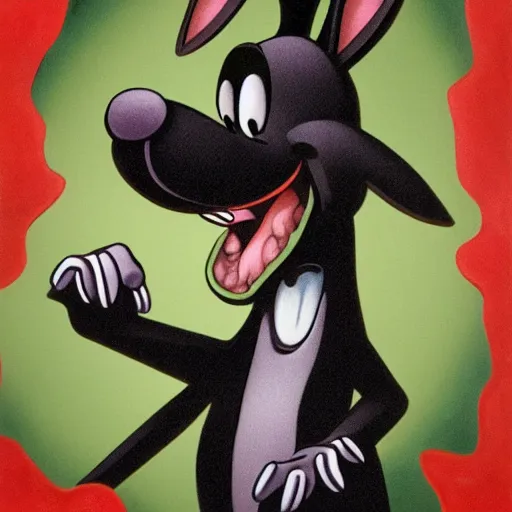 Image similar to A extremely highly detailed majestic hi-res beautiful, highly detailed head and shoulders portrait of a scary terrifying, horrifying, creepy goofy black cartoon rabbit with scary big eyes, earing a shirt laughing, hey buddy, let's be friends, in the style of Walt Disney