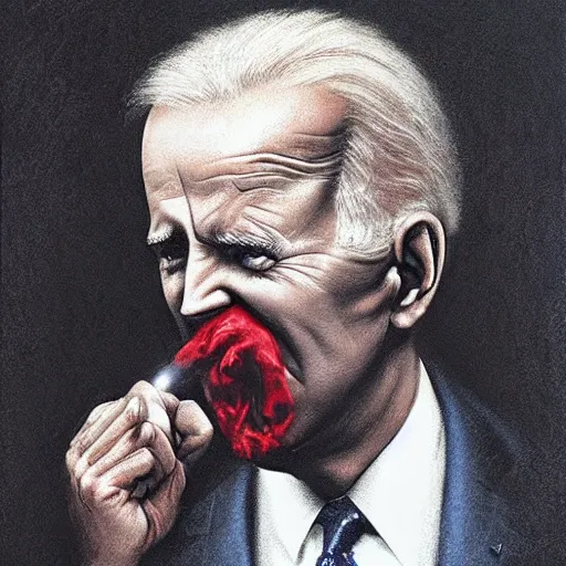 Image similar to presidential portrait of joe biden with shadowy mist pouring from mouth and nose as slenderman, by beksinski, jon mcnaughton, and stephen gammell