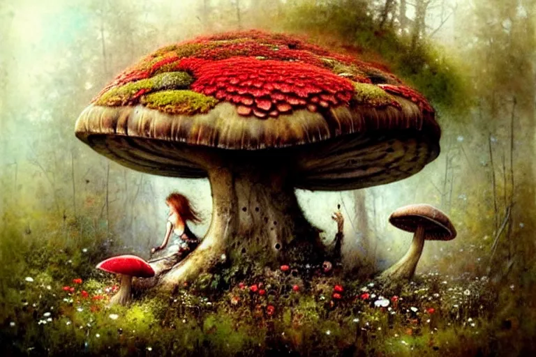Image similar to adventurer ( ( ( ( ( 1 9 5 0 s retro future forrest of giant mushrooms, moss and flowers. muted colors. ) ) ) ) ) by jean baptiste monge!!!!!!!!!!!!!!!!!!!!!!!!! chrome red
