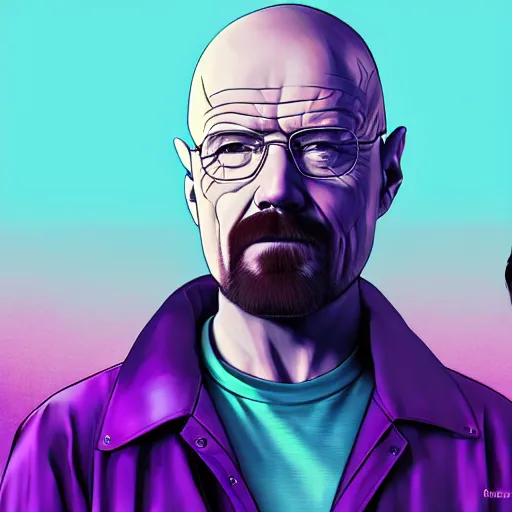 Image similar to walter white riding jesse pinkman, and a purple coloured leather jacket, one side haircut, long brown hair with light blue ends, portrait, hyperdetailed, artstation, cgsociety, synthwave by tangerine dream, by jean - michel jarre, by vangelis, by john carpenter