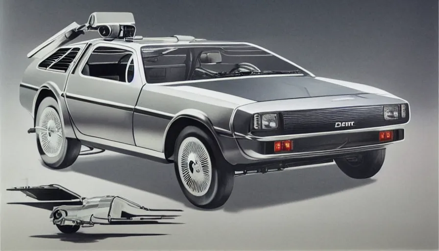 Image similar to 1955 DeLorean as designed by Ford concept by Syd Mead, catalog print