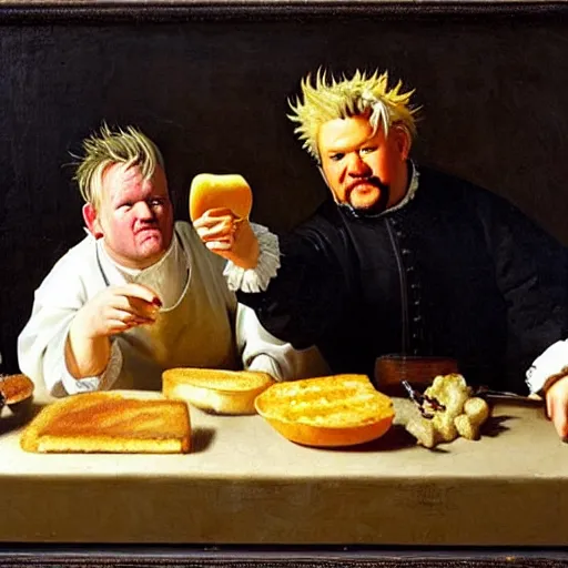 Prompt: a 1 7 th century portrait of gordon ramsay and guy fieri making a greasy macaroni and cheese sandwich, by vermeer, portrait, royal, oil on canvas