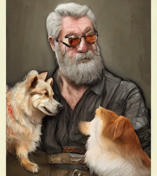 Prompt: full portrait of a old, ruggedly handsome bearded man petting a corgi dog, soft hair, muscular, half body, cloth, d & d, fantasy, intricate, elegant, highly detailed, digital painting, artstation, concept art, smooth, sharp focus, illustration, art by artgerm and greg rutkowski and alphonse mucha