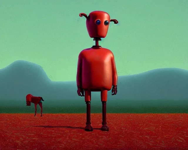 Prompt: Anthropomorphic Animatronic walking beef machine made of meat, painting by Grant Wood, 3D rendering by Beeple, directed by Wim Wenders, cinematography by Robby Müller