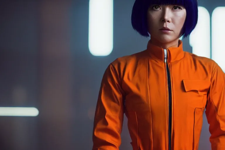 Image similar to major motoko wearing an orange prison jumpsuit, photography by fred palacio medium full shot still from bladerunner 2 0 4 9, sci fi, bladerunner, canon eos r 3, f / 3, iso 2 0 0, 1 / 1 6 0 s, 8 k, raw, unedited