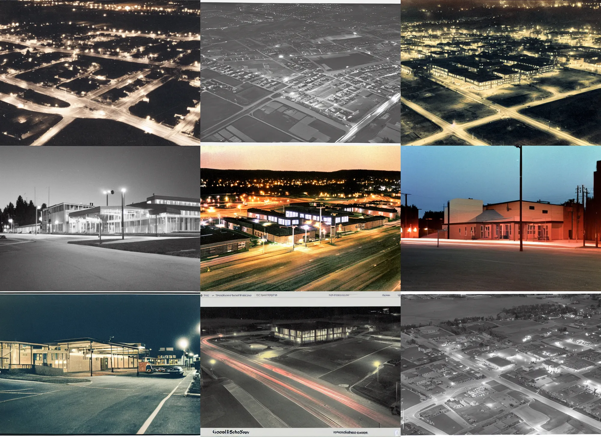 Prompt: color streetview of school district at night, from 1 9 6 7