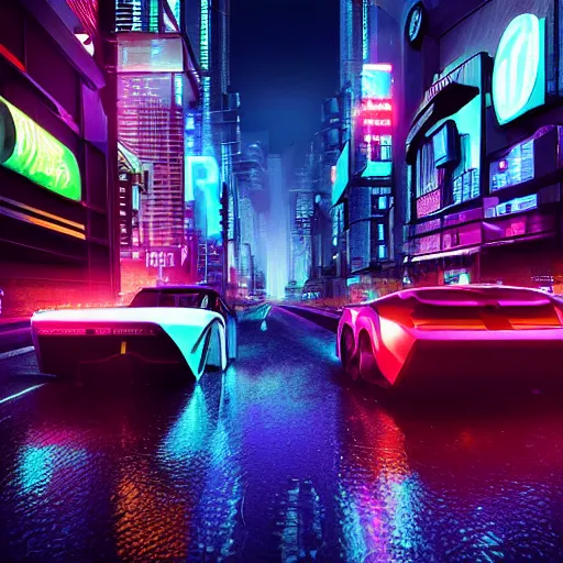 Prompt: sci-fi cyberpunk city street, billboards, neon holograms, neon signs, rainy night, dramatic lighting, cinematic, establishing shot, extremely high detail, photo realistic, cinematic lighting, with futuristic cars