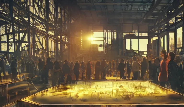 Image similar to group of people in simple warehouse, looking at hologram of futuristic metropolis on a table, cinematic concept art, godrays, golden hour, natural sunlight, 4 k, clear details, tabletop model buildings, center model buildings, hologram center, crane shot, crane shot, crane shot