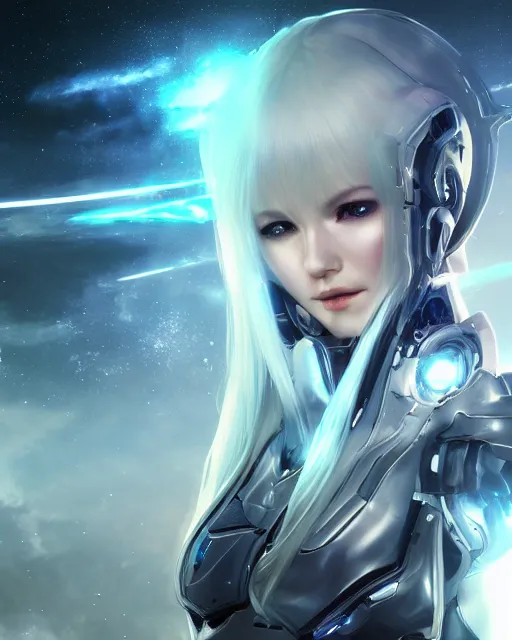 Image similar to photo of a android girl on a mothership, warframe armor, beautiful face, scifi, nebula reflections, futuristic background, dreamy, long white hair, blue android eyes, glowing, 8 k high definition, insanely detailed, intricate, innocent, art by akihiko yoshida, antilous chao, li zixin, woo kim