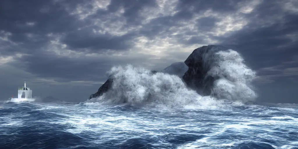 Image similar to a ship was caught in a tsunami wave at sea ， mid shot ， front view ， unreal engine 5