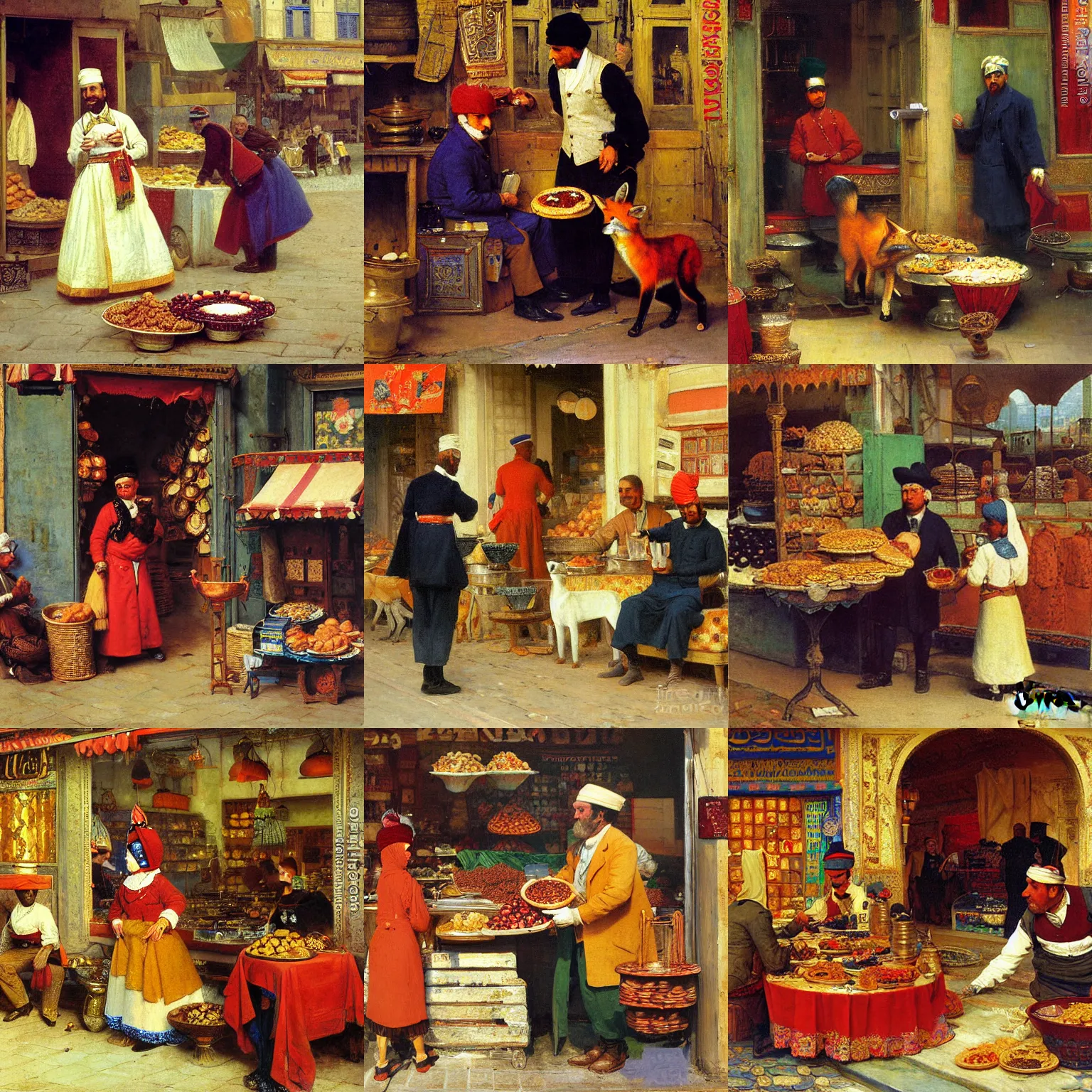 Prompt: detailed painting of anthropomorphic male red fox selling blueberry pie in the turkish bazaar by rudolf ernst and john frederick lewis and jean - leon gerome and rudolf weisse and david roberts and charles theodore frere and alfred dehodencq, orientalism
