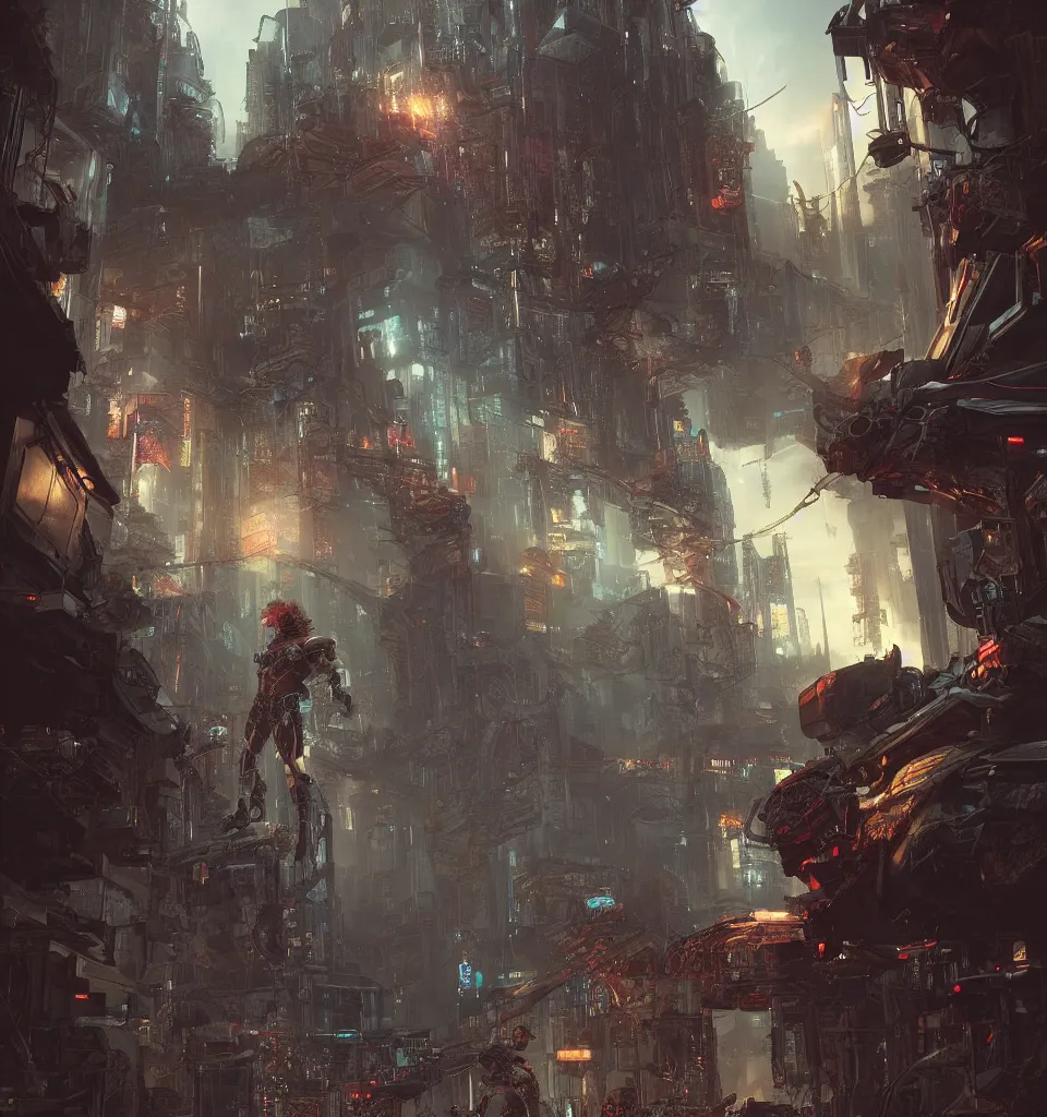 Image similar to cyberpunk gladiator, cinematic, highly detailed, octane render, cg, rich cinematic atmosphere, perfect digital art, mystical journey in strange world, Mystical, cyberpunk, tech war, sci-fi, surreal, glowing lights, sharp focus, high detailed, by Akihiko Yoshida, michael whelan and Karol Bak