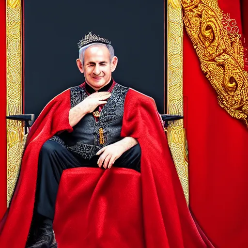 Image similar to portrait of Benjamin Netanyahu sitting on an ornate throne wearing a red furred cape and a crown grasping a royal ornate rod, vivid rich colors, ambient lighting, dynamic lighting, official media, HQ, detailed