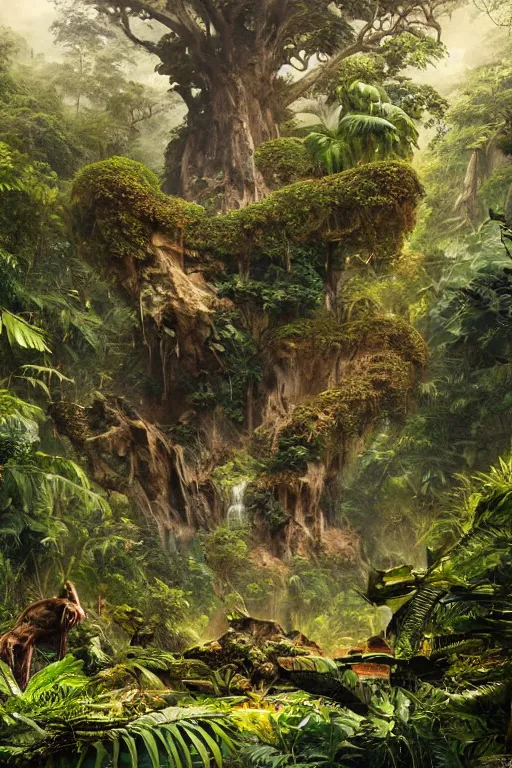 Image similar to a giant plant in the exotic jungle, landscape, alex ross, david finch, concept art, matte painting, highly detailed, rule of thirds, dynamic lighting, cinematic, detailed, denoised, centerd