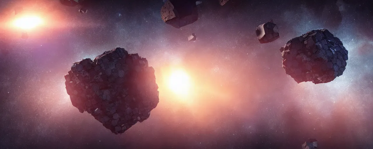 Prompt: movie still, asteroid with many hexagonal holes, unreal engine, octane render, detailed and intricate, global illumination, volumetric lighting, hubble telescope images, james webb telescope images, houdini fluid simulation, detailed and intricate environment