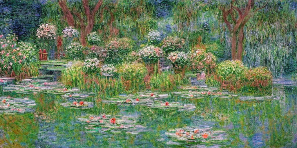 Image similar to serene fairy garden in the style of claude monet, beautiful intricate masterpiece, hyper detailed, hd
