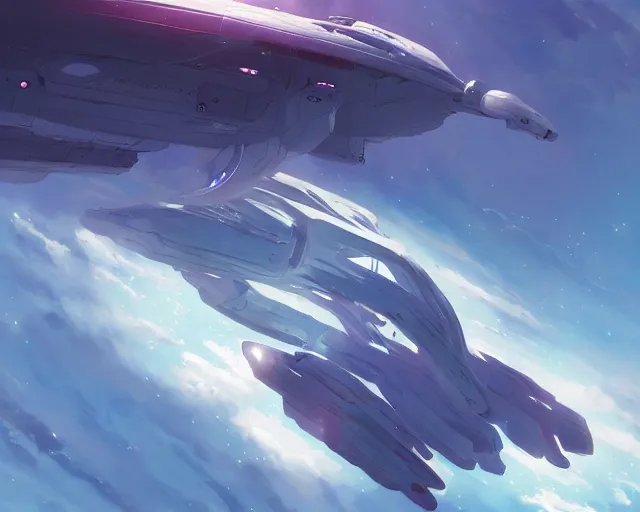 Image similar to a futuristic spaceship flying through cosmic skies. By Makoto Shinkai, Stanley Artgerm Lau, WLOP, Rossdraws, James Jean, Andrei Riabovitchev, Marc Simonetti, krenz cushart, Sakimichan, trending on ArtStation, digital art.