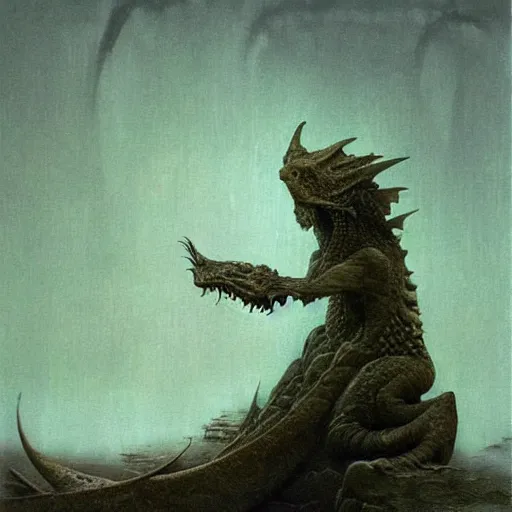 Prompt: A cute dragon girl by Beksinski