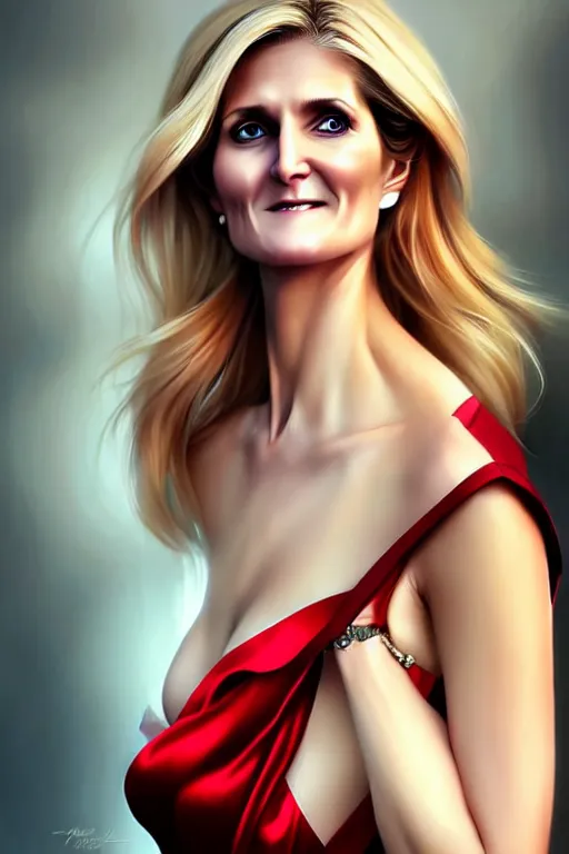 Image similar to Beautiful alluring Helle Thorning Schmidt portrait in satin dress by Artgerm and WLOP, Pixiv