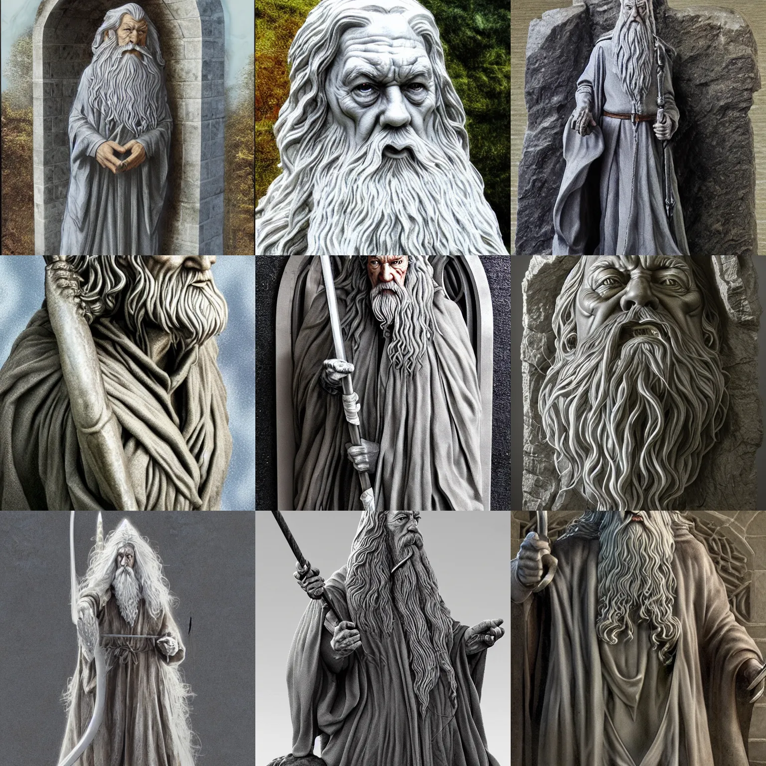 Prompt: impressive marble sculpture depicting gandalf the grey's iconic'you shall not pass!'moment by alan lee, intricate, highly detailed stonework, digital painting, artstation