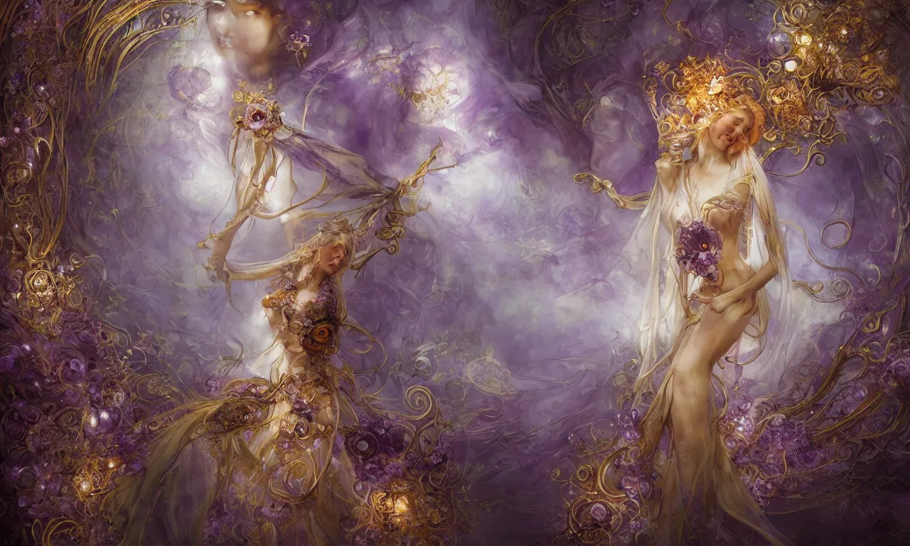 Prompt: breathtaking detailed soft painting of a fairy bride with fire amethyst wings and golden ribbons, art nouveau golden rose flowers floating around the gondor, rembrandt style, hyper detailed fire stained glass windows, volumetric lighting, concept art, matte, sharp focus by tom bagshaw, anato finnstark and greg rutkowski