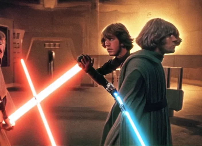 Image similar to screenshot from the film, Luke Skywalker faces off against unknown sith lord in electricity filled temple, 1970s film directed by Stanley Kubrick, Kodak color film, LUT, 4K, hyperdetailed, iconic scene, moody cinematography, anamorphic lenses