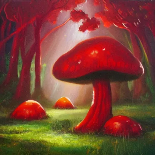 Prompt: glowing giant red mushrooms attacking a goblin in forest, oil painting, soft light, night time