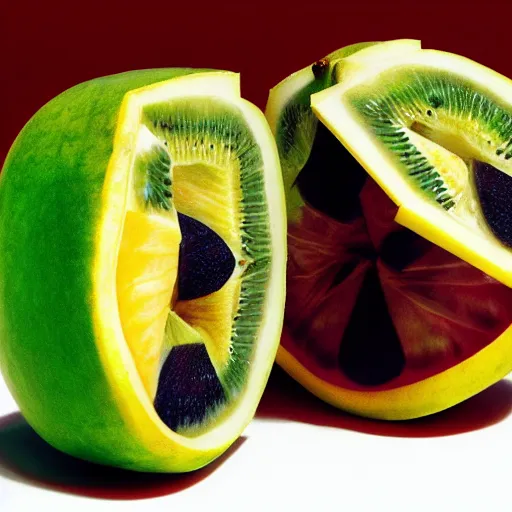 Image similar to mc escher fruit cut in half resting on table