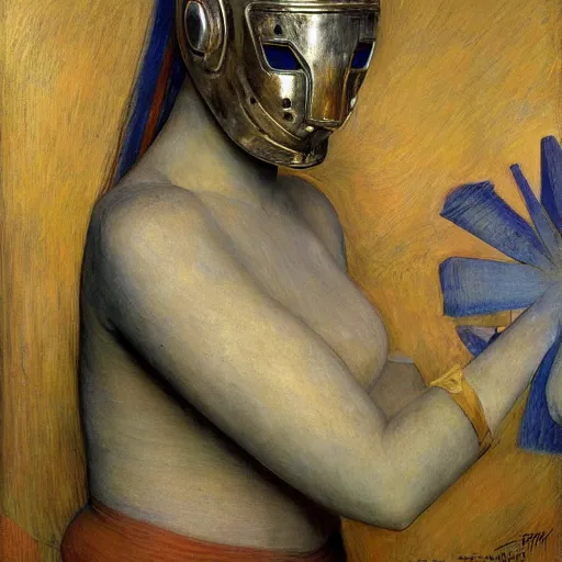 Prompt: the robot in her bird mask, by Annie Swynnerton and Diego Rivera , symbolist, dramatic lighting, elaborate geometric ornament, Art Brut, god rays, soft cool colors,smooth, sharp focus, extremely detailed, Adolf Wölfli and (Donato Giancola)