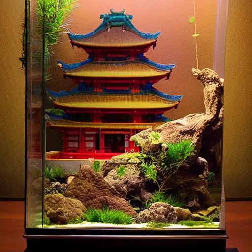 Prompt: an asian temple encased in a mini aquarium, greg ruthowski