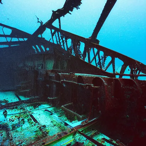 Prompt: an underwater photograph of a rusty complex underwater structure, submechanophobia,